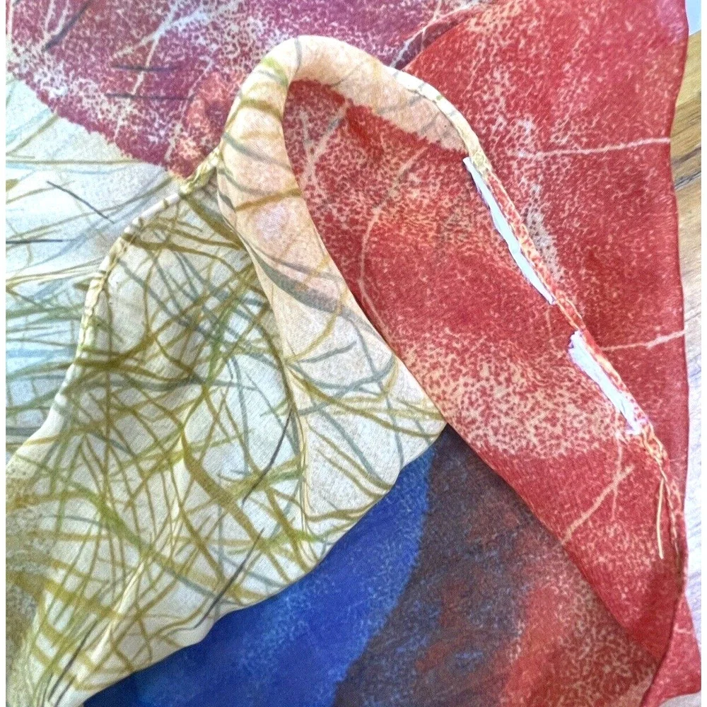 Vintage Scarf SHELLS Nautical Beach Labels removed 60x42 Blue Red Tan Soft Silky